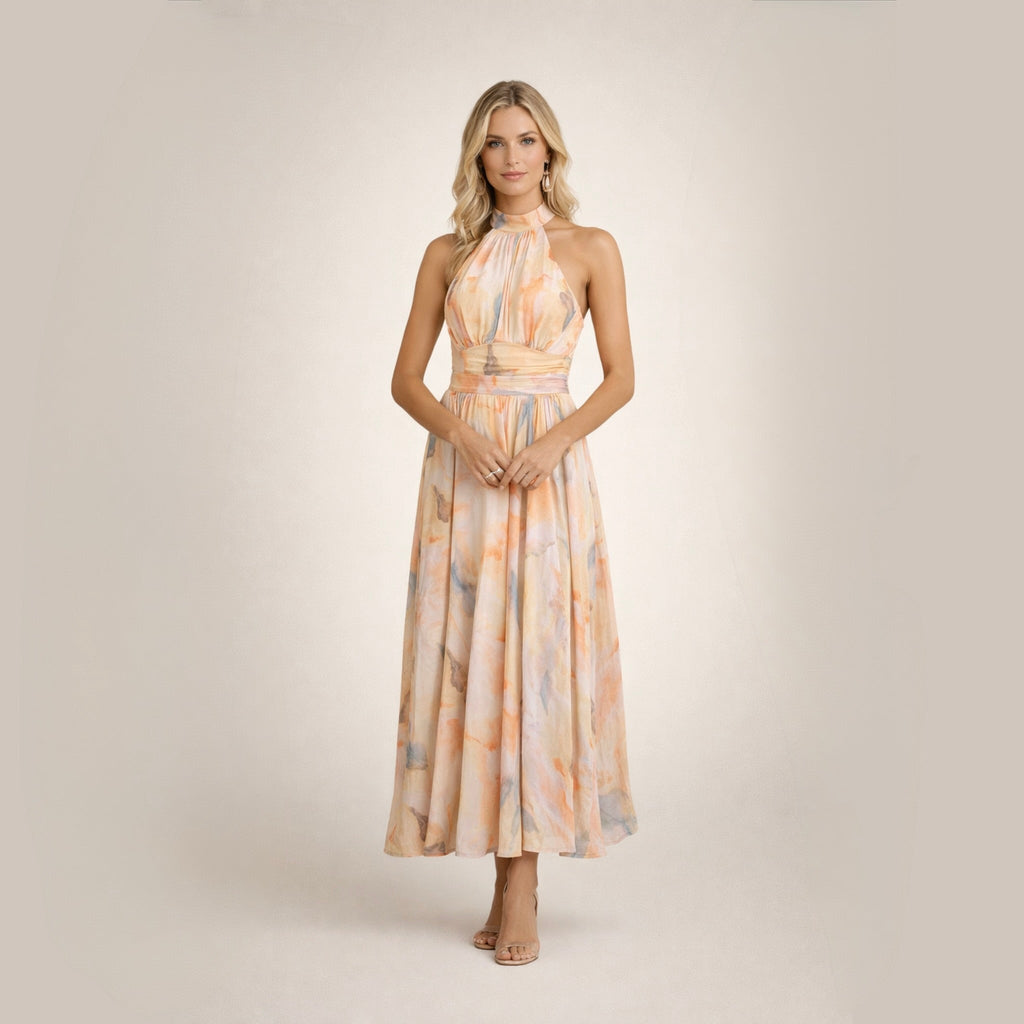 Sandra | Elegancka sukienka maxi na lato, akwarelowy motyw
